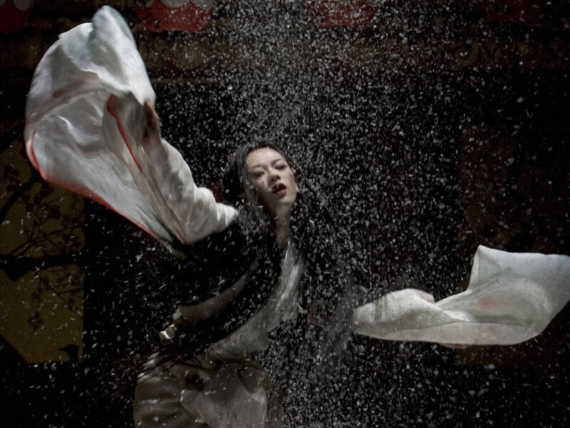 Woman in White Robe — Black, Dramatic, Photograph