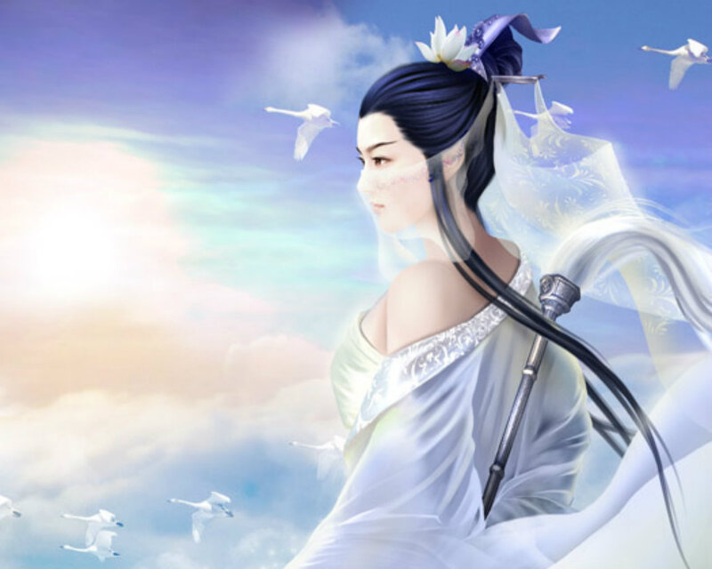 Woman in White Robe — Blue, Serene, Digital Art, White Birds