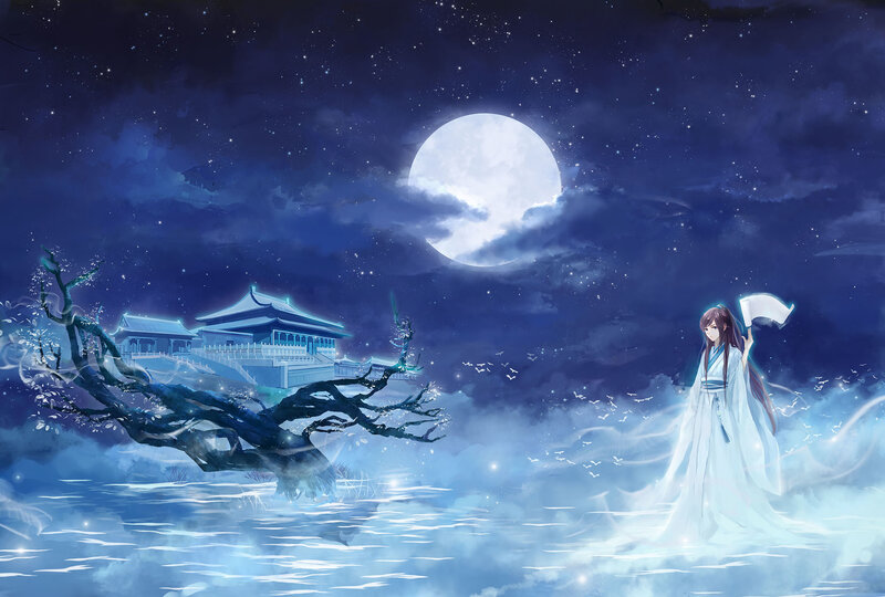 Woman in White Robe — Blue, Serene, Night, Digital Art, Moon, Building