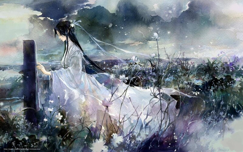 Woman in white robe by a stone