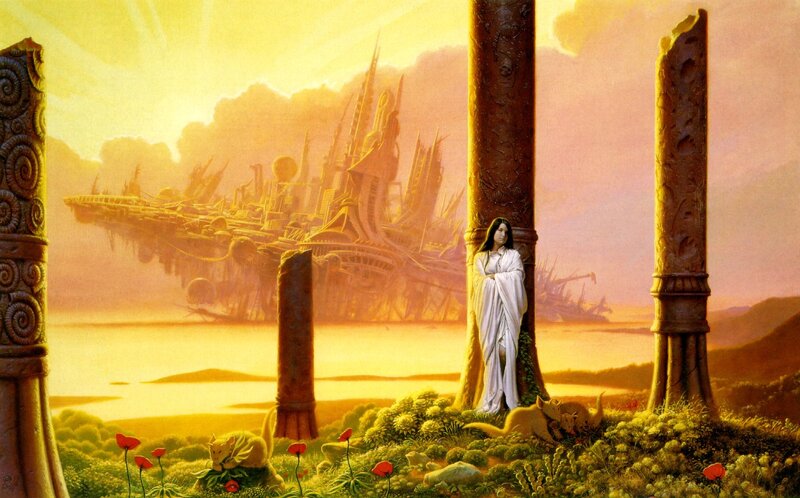 woman in white robe by ancient pillars