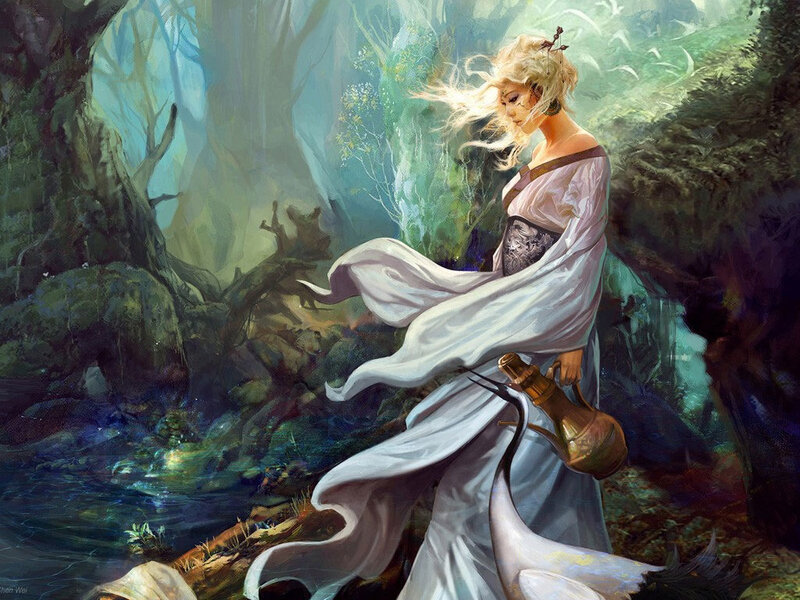 woman in white robe by stream