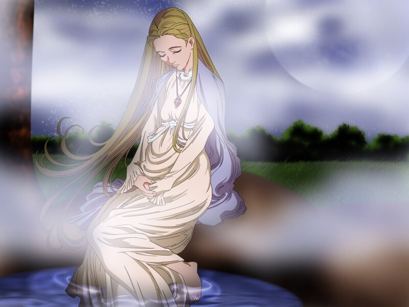 woman in white robe by water