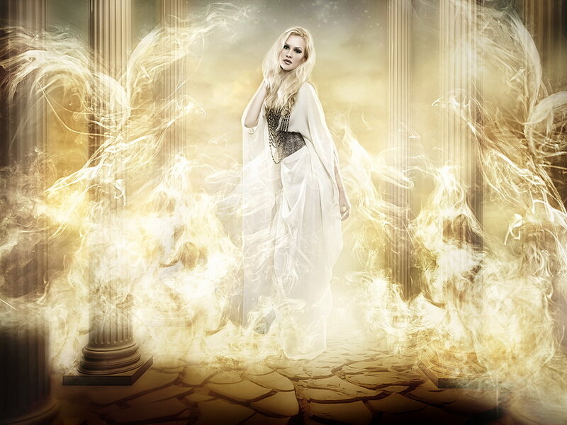Woman in White Robe — Dramatic, Digital Art, Columns, Smoke