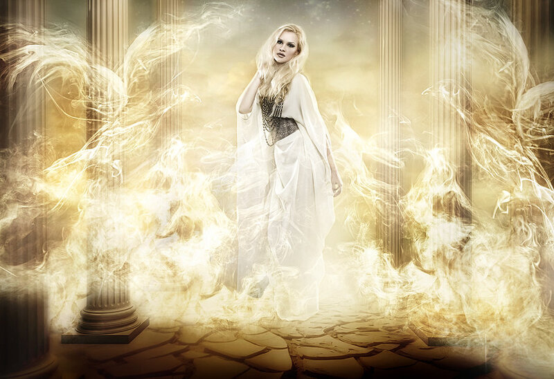 Woman in White Robe — Dramatic, Digital Art, Columns