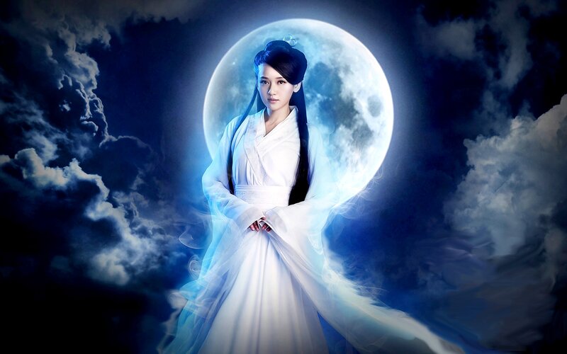Woman in White Robe — Dramatic, Night, Digital Art, Moon