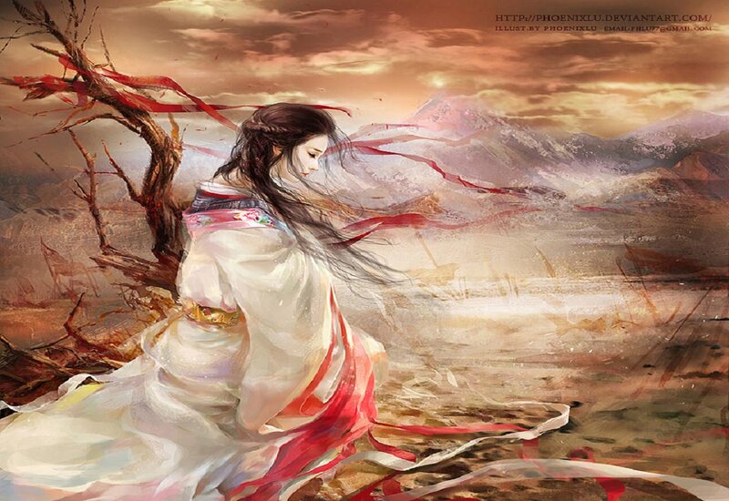 Woman in White Robe — Dramatic, Sunset, Digital Art