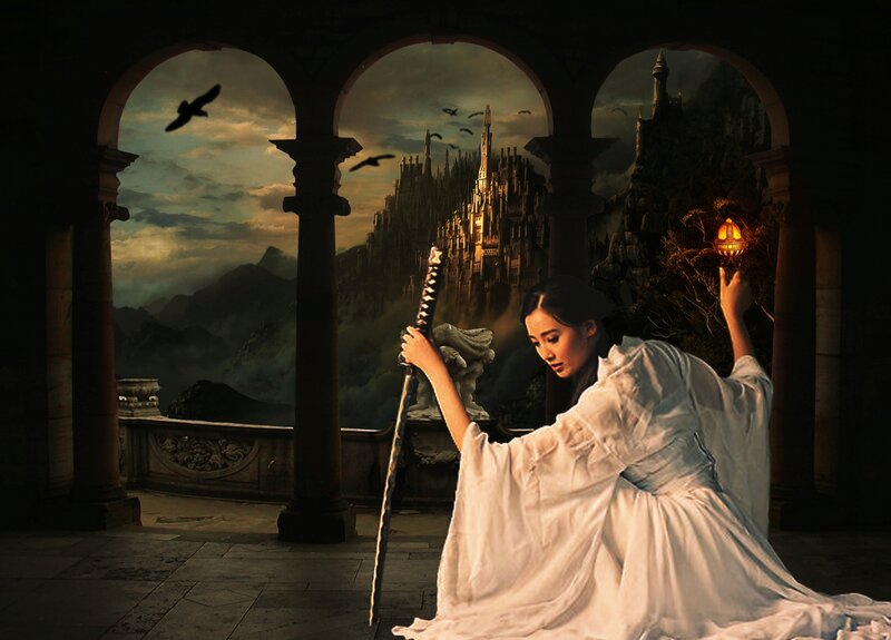 Woman in White Robe — Dramatic, Sunset