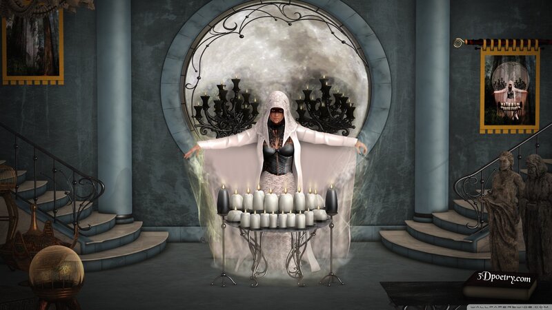 Woman in White Robe — Gray, Dramatic, Night, Digital Art, Candles