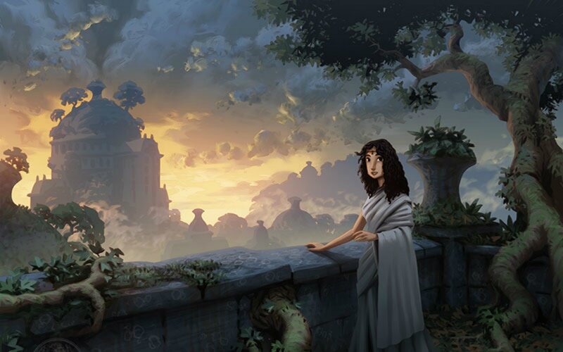 Woman in White Robe — Gray, Dramatic, Sunset