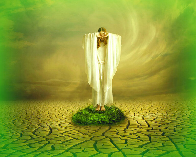 Woman in White Robe — Green, Dramatic