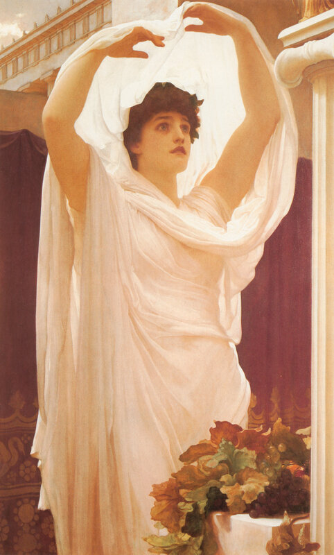 Woman in white robe holding cloth
