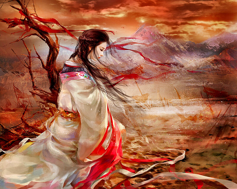 Woman in White Robe — Red, Dramatic