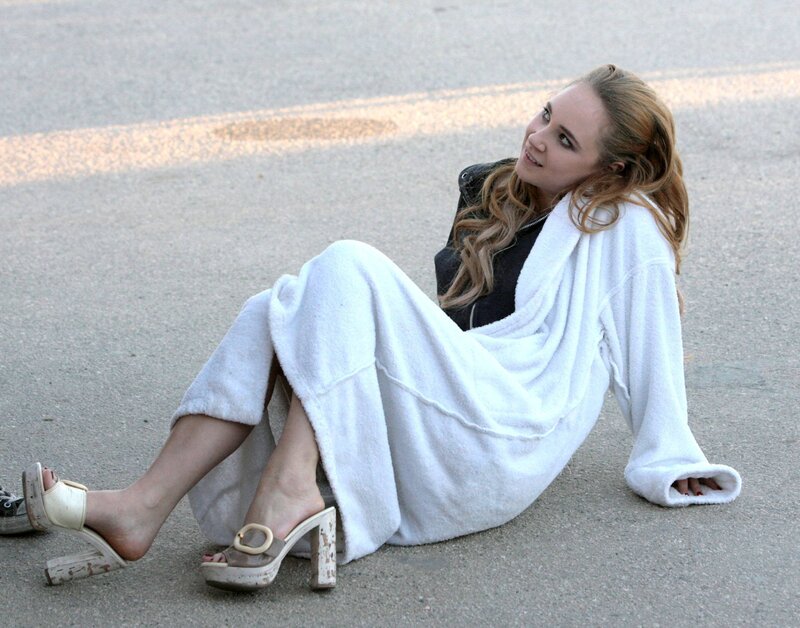 Woman in White Robe — Relaxed, Afternoon