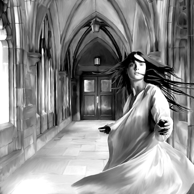woman in white robe running