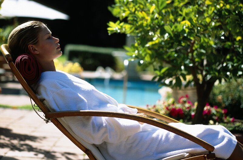 Woman in White Robe — Serene, Afternoon, Photograph, Pool