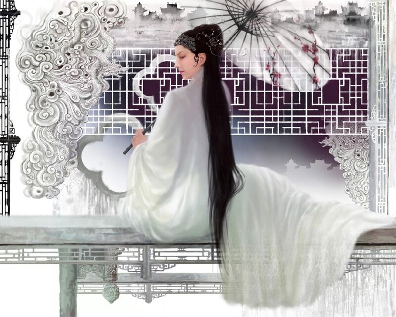 Woman in White Robe — Serene, Digital Art, Long Hair