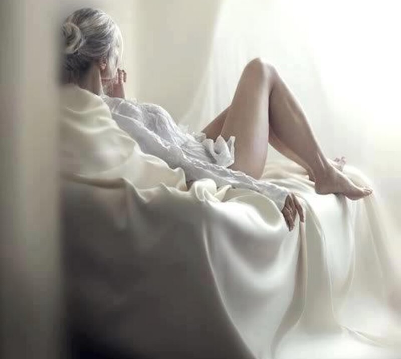 Woman in White Robe — Serene, Morning, Photograph