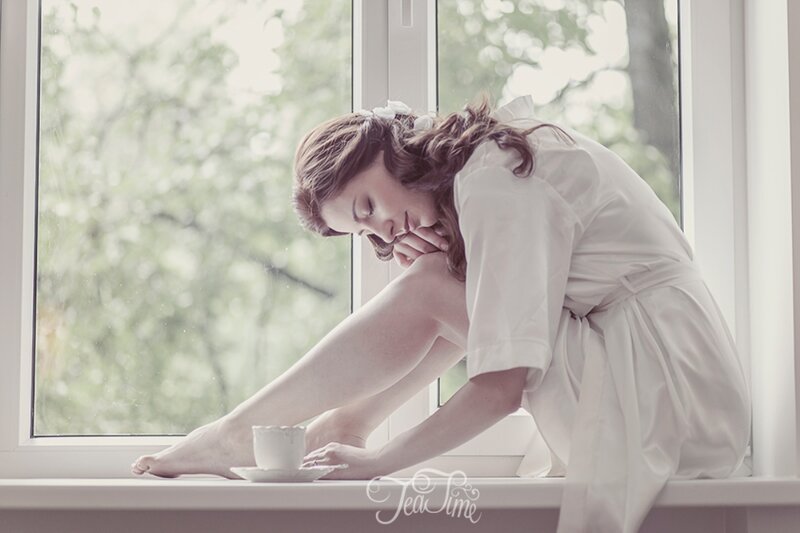 Woman in White Robe — Serene, Morning, Photograph, Window