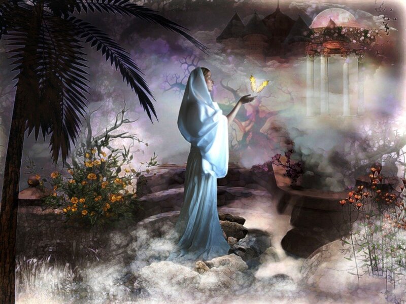 Woman in White Robe — Serene, Night, Digital Art, Butterfly