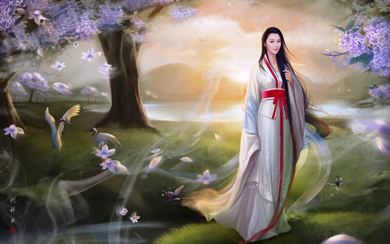 Woman in White Robe — Serene, Sunset