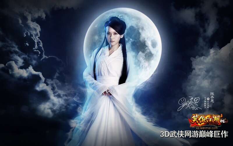 Woman in white robe under moon