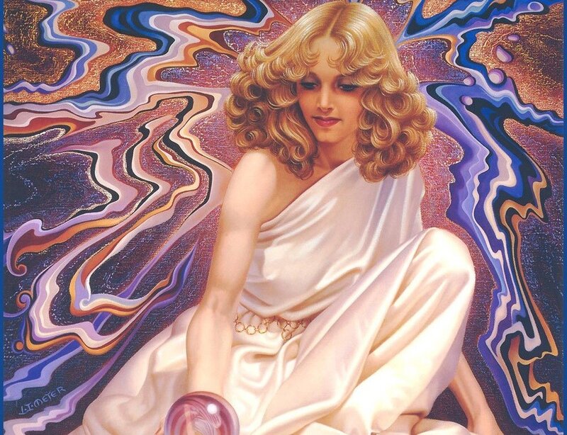 woman in white robe with crystal ball