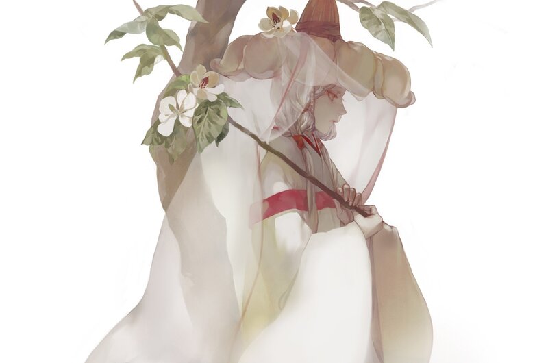 woman in white robe with flowers