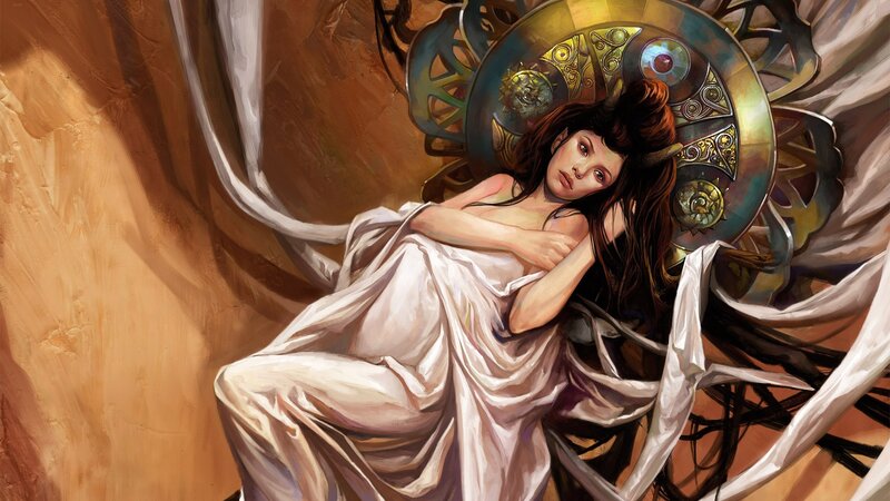woman in white robe with mechanical wings
