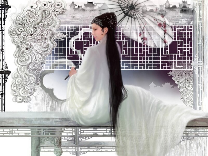 woman in white robe with parasol