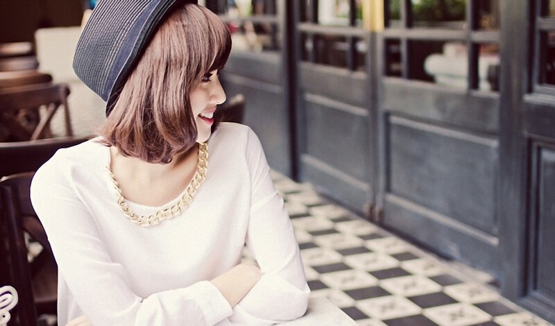 Woman in White Shirt — Calm, Afternoon, Photograph, Hat