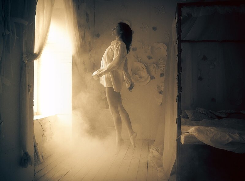 Woman in White Shirt — Dramatic, Morning, Photograph