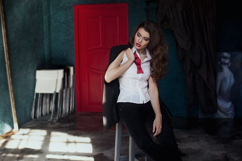 Woman in White Shirt — Dramatic, Photograph, Red Door