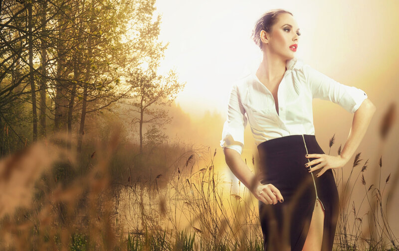 Woman in White Shirt — Dramatic, Sunset, Photograph
