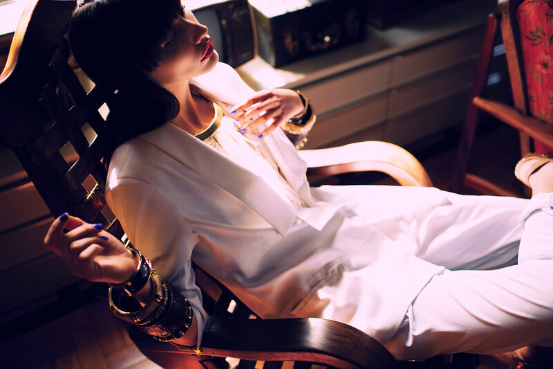 Woman in White Suit — Dramatic, Afternoon