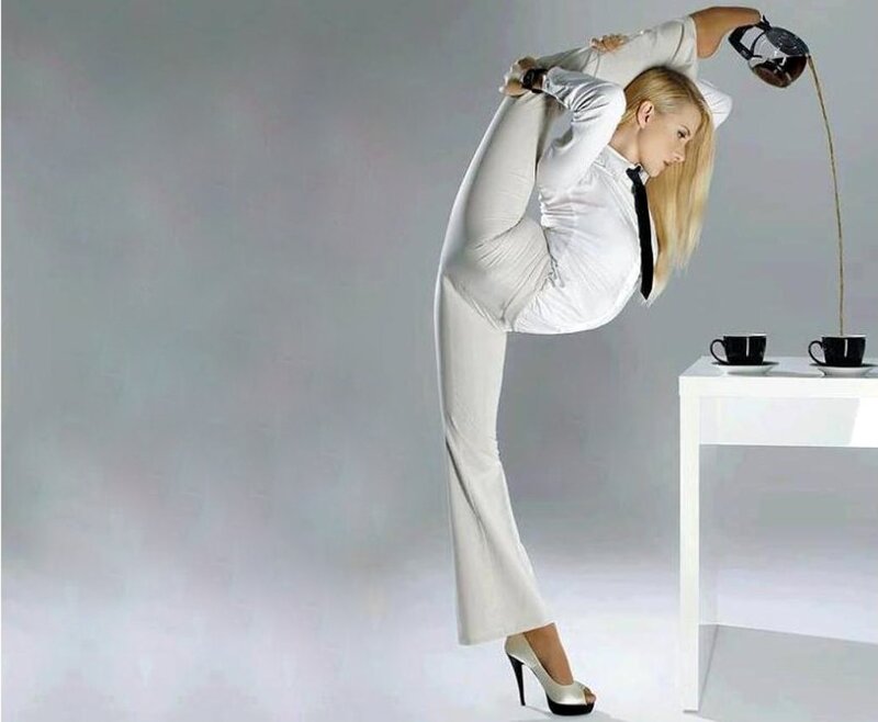Woman in White Suit — Dramatic, Photograph, Coffee Cup