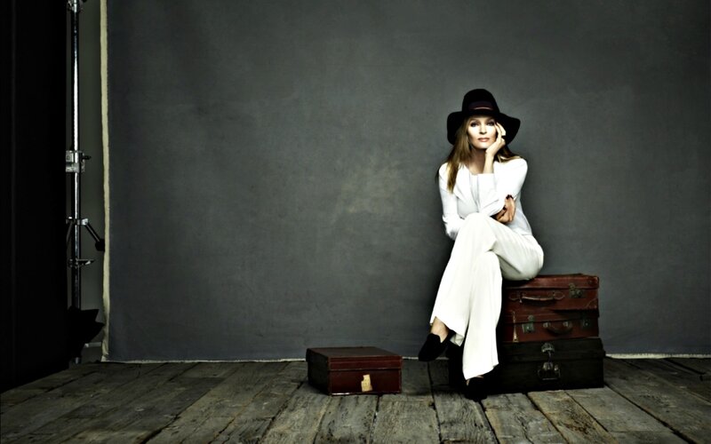 Woman in White Suit — Dramatic, Photograph, Hat