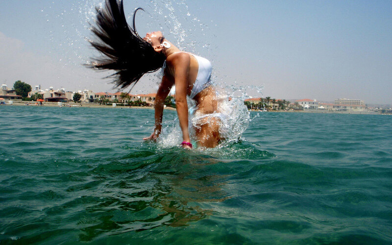 Woman in White Swimsuit — Blue, Active