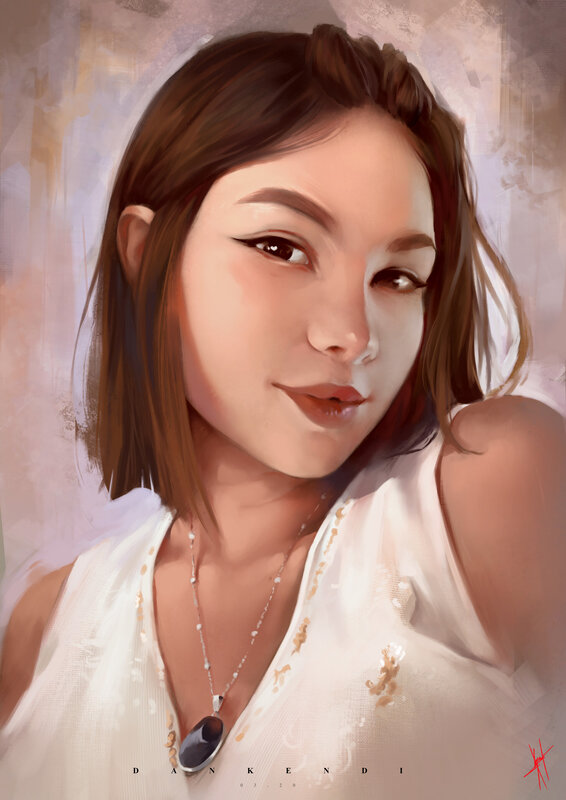 Woman in White Top — Calm, Digital Art, Necklace