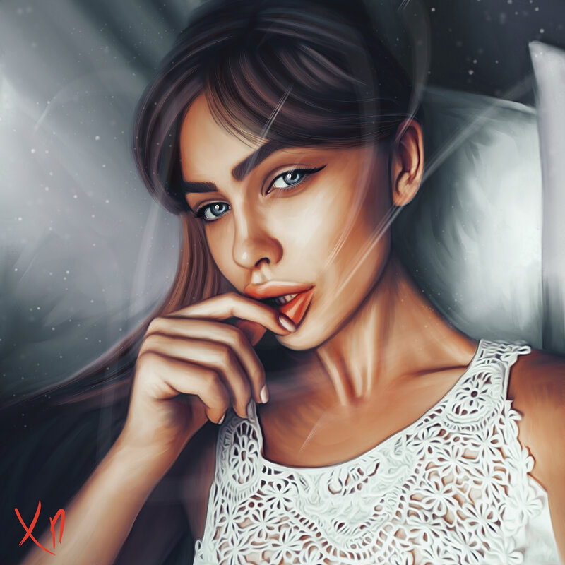 Woman in White Top — Dramatic, Digital Art