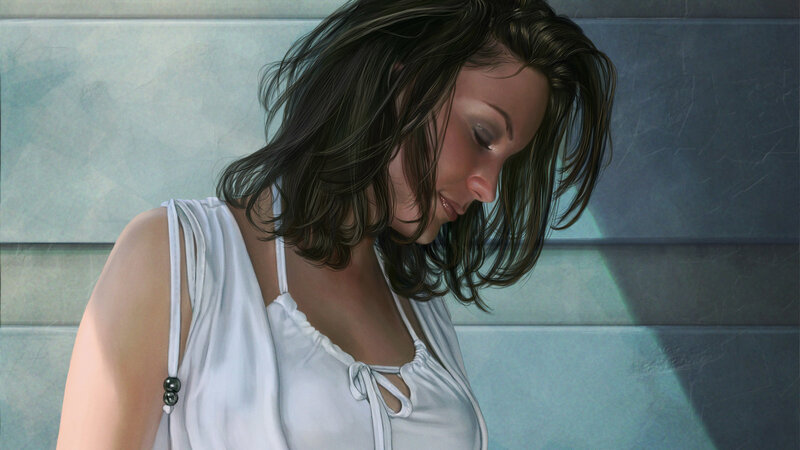 woman in white top looking down