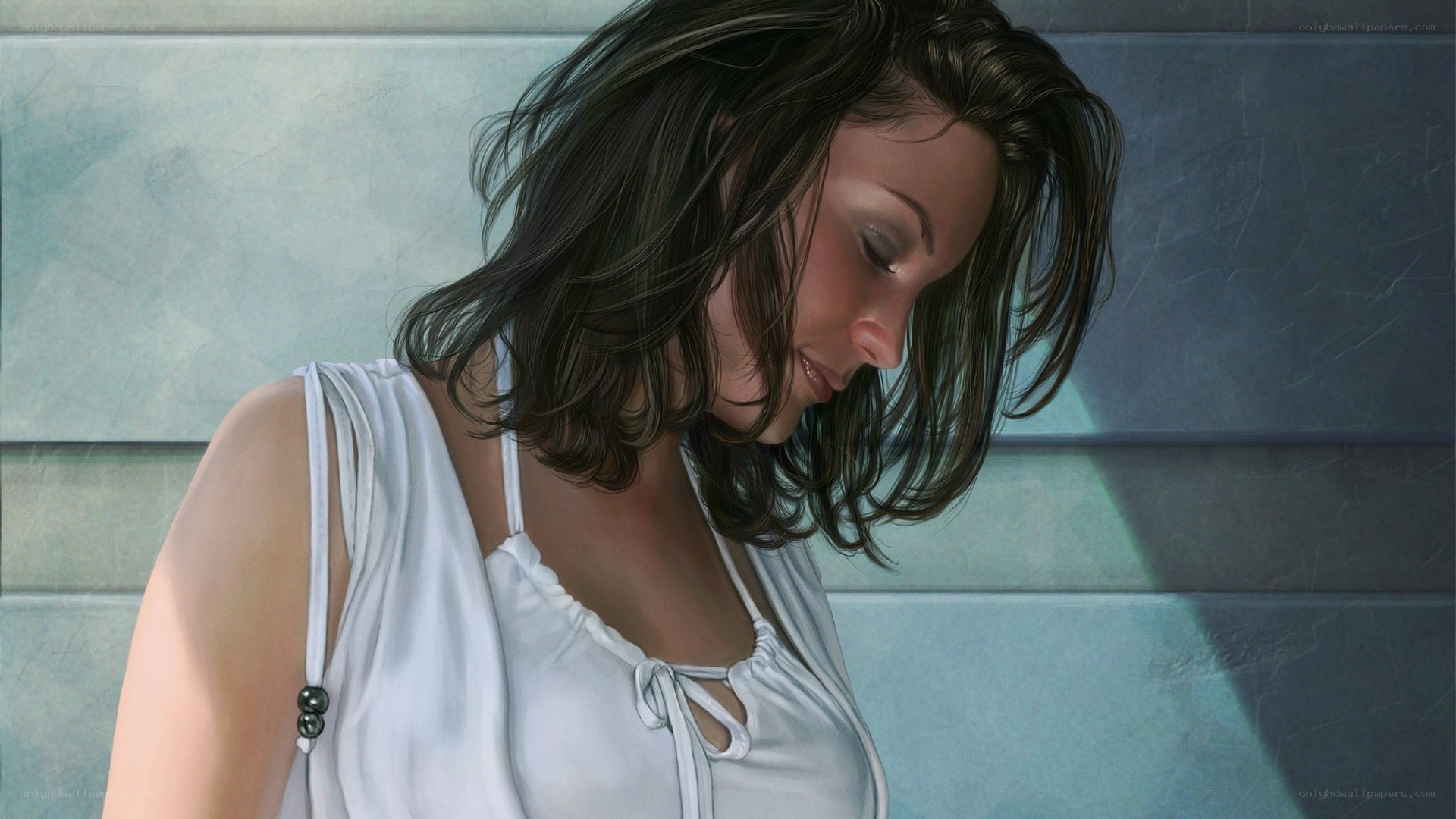 woman in white top looking down