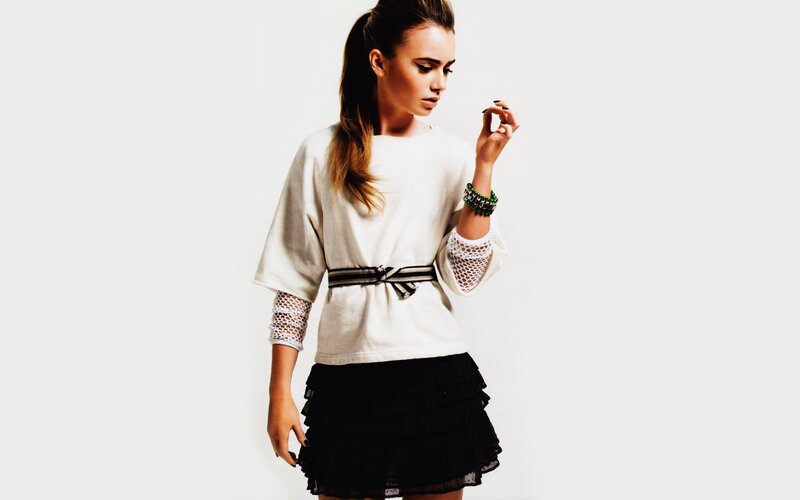 Woman in White Top — Neutral, Photograph, Skirt, Belt