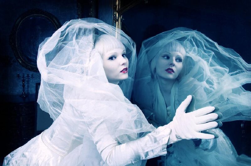 Woman in White Veil — Dramatic, Night, Photograph