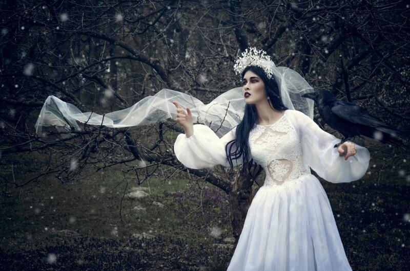 Woman in White Wedding Dress — Dramatic, Winter