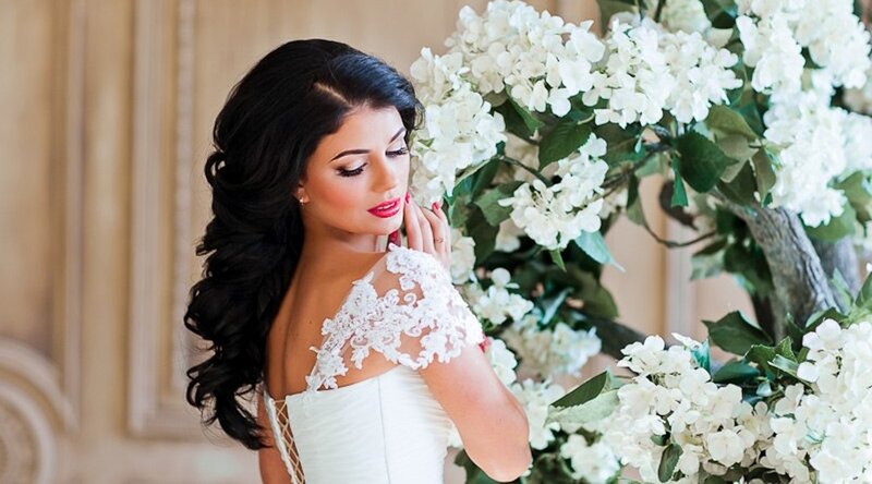 Woman in White Wedding Dress — Serene, Photograph, White Flowers