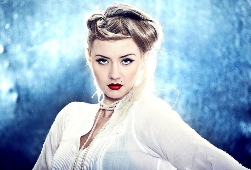 woman in white with red lipstick