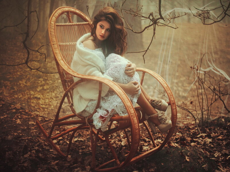 Woman in Wicker Chair — Brown, Dramatic