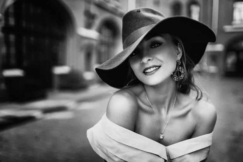 Woman in Wide-brim Hat — Black, Dramatic, Photograph