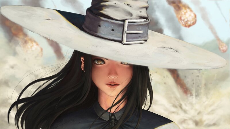 Woman in Wide-brimmed Hat — Black, Dramatic, Digital Art